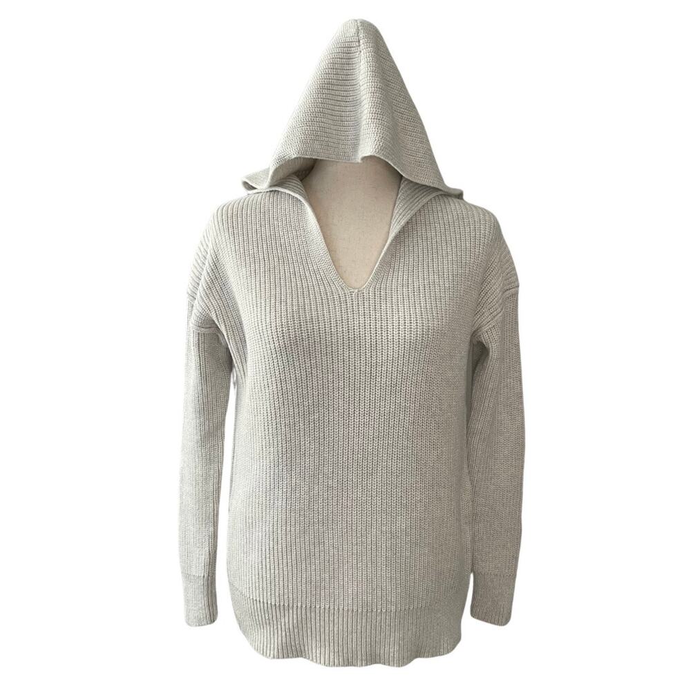 Rachel Zoe Women’s Ribbed Knit Hooded Sweater Side Zip Cream Gray Size Small